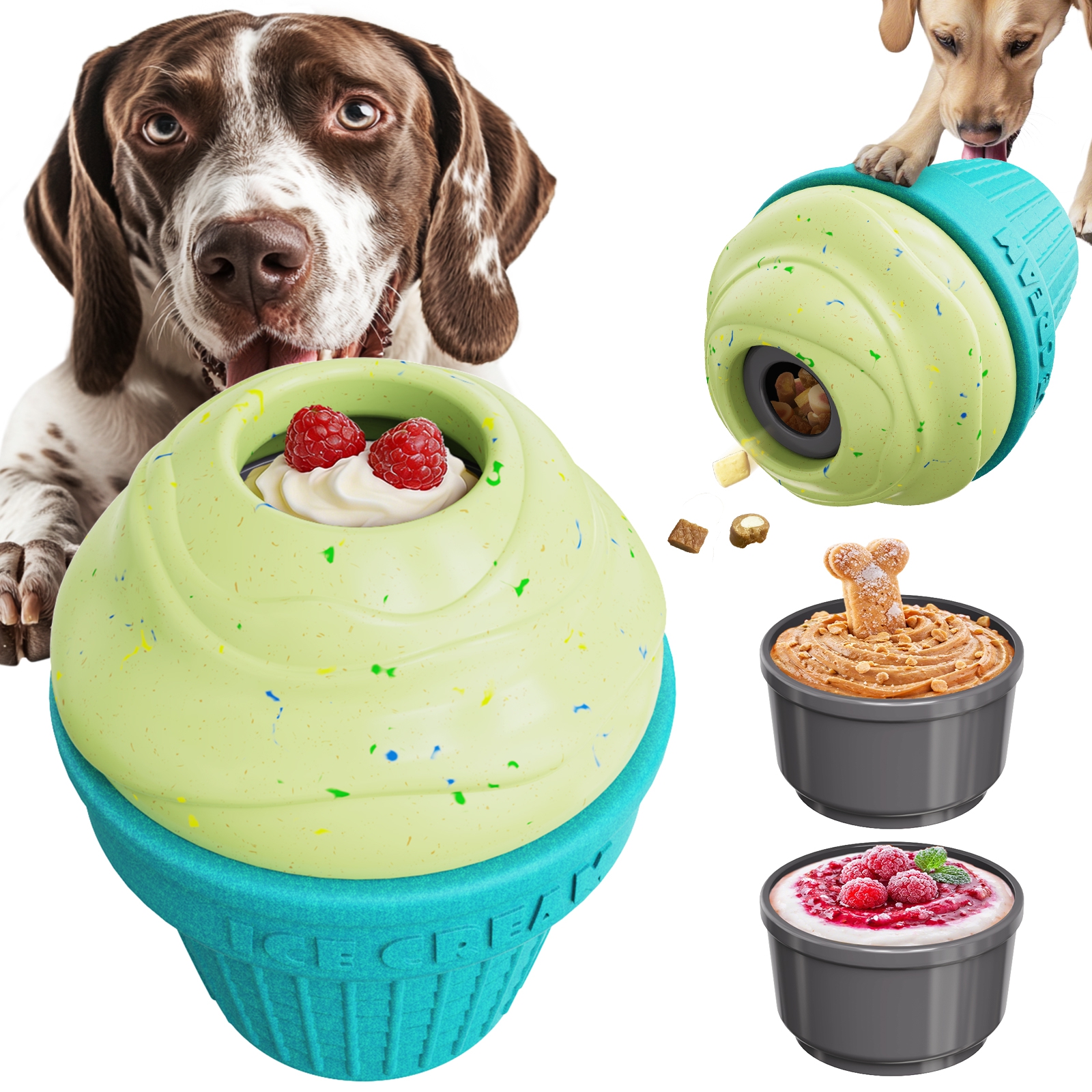 KADTC ALL IN ONE 3 in 1 Dog Enrichment Toys - Fillable Freeze Treat Dispenser Chew Toy Ice Cream